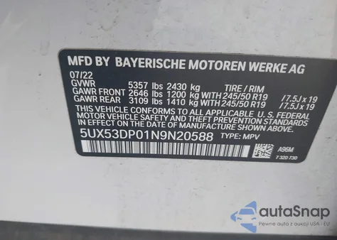 2022 BMW X3 xDrive30I из США, поврежденный, VIN 5UX53DP01N9N20588